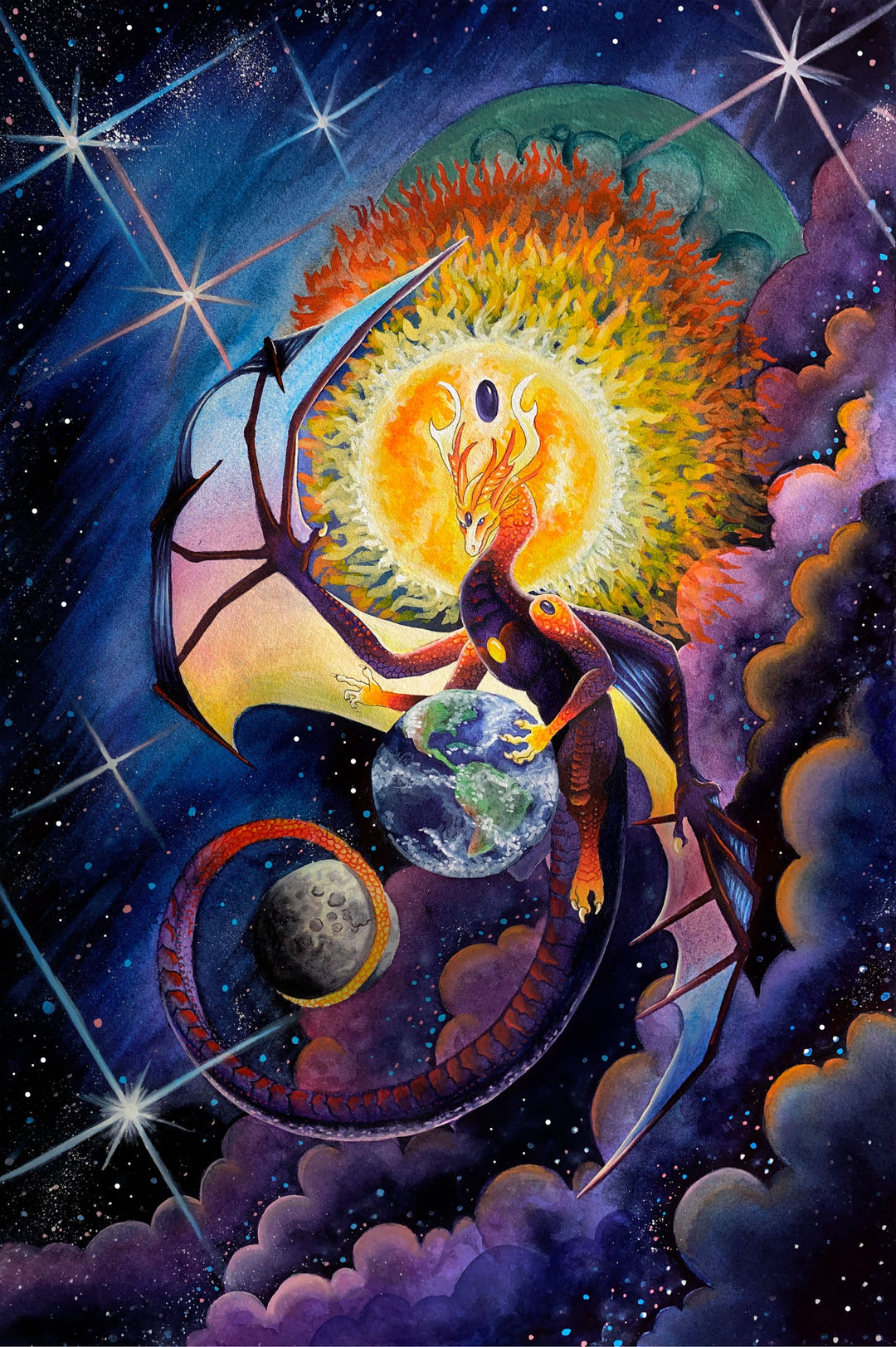 A fantastical scene featuring a dragon-like creature with a fiery head and wings, holding a planet in its claws, surrounded by a starry night sky and a colorful, cosmic backdrop.