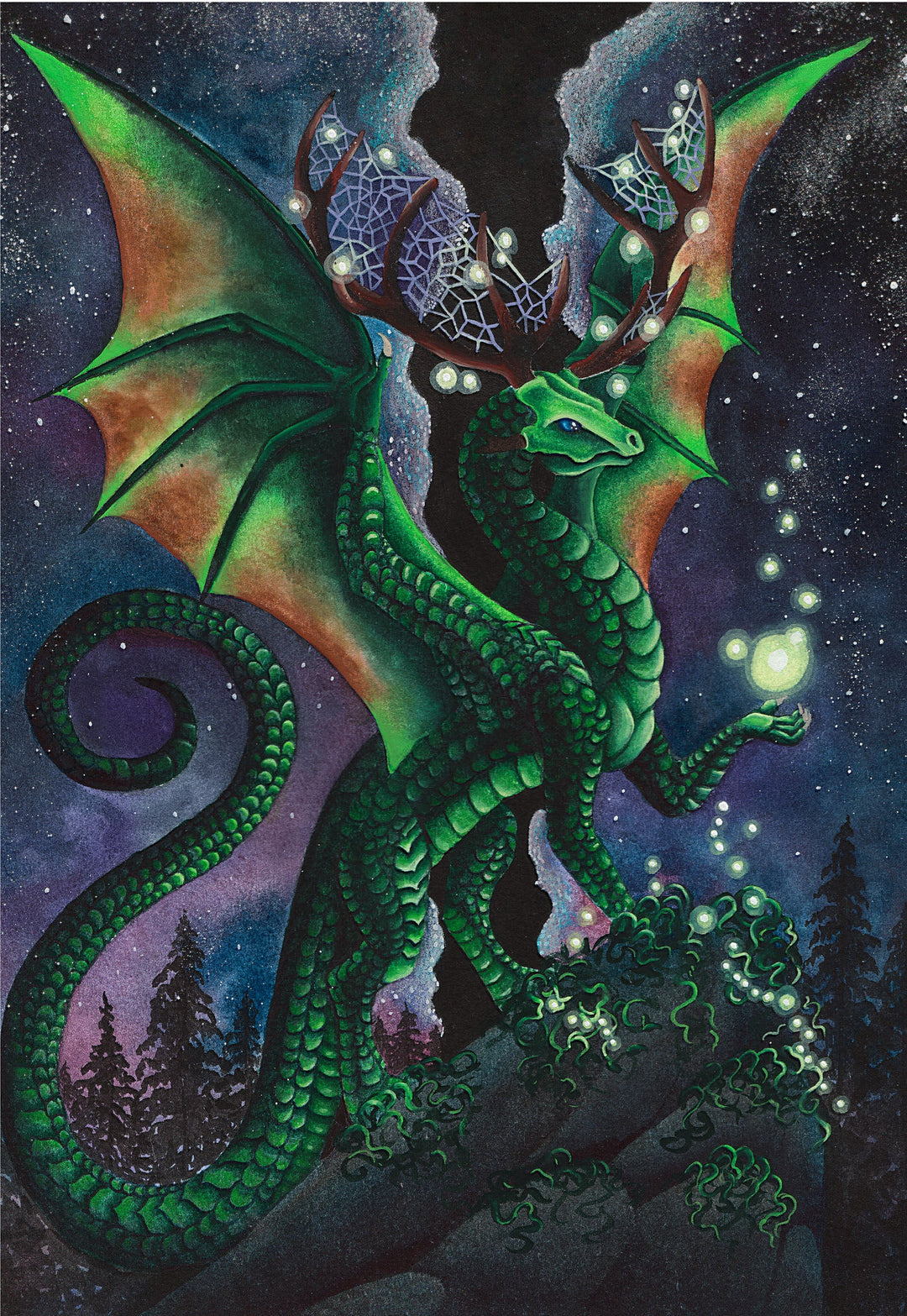 A fantastical green dragon with wings and antlers stands on a rock, surrounded by a starry night sky and trees.