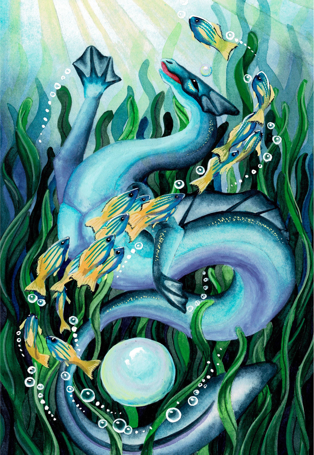 A fantastical underwater scene with a large blue dragon-like creature swimming amidst colorful fish and bubbles, surrounded by lush green plants.