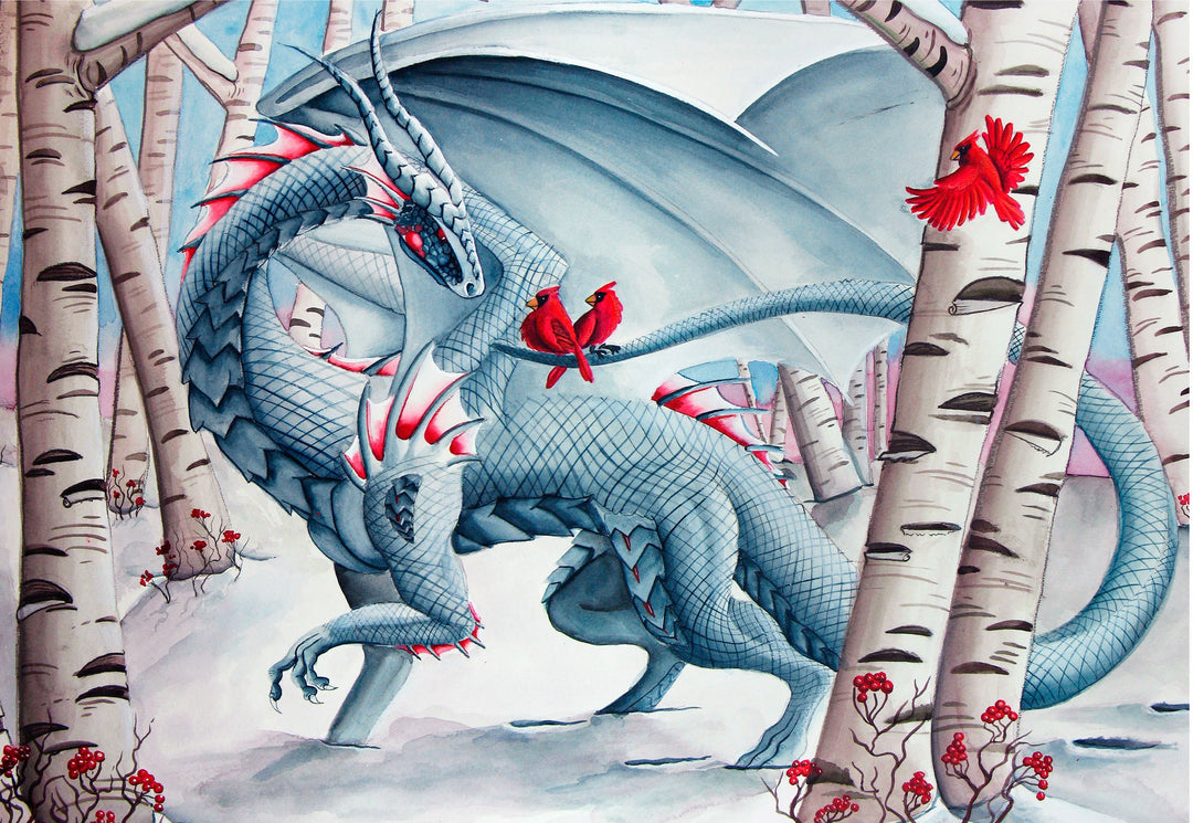 A large, blue dragon with red accents is standing in a snowy forest, surrounded by birch trees and red berries.