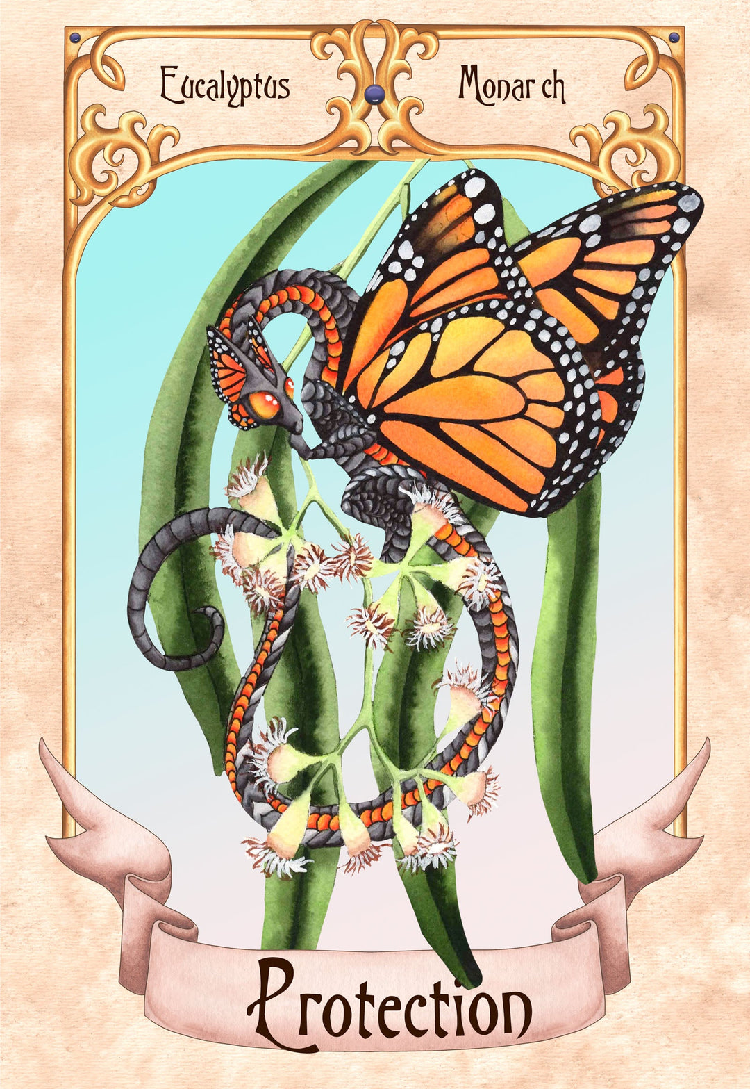 a butterfly with orange and black wings perched on a branch with white flowers, surrounded by green leaves.