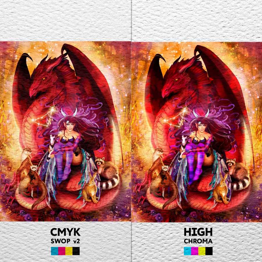 Colorful fantasy dragon and woman illustration, vibrant print comparison