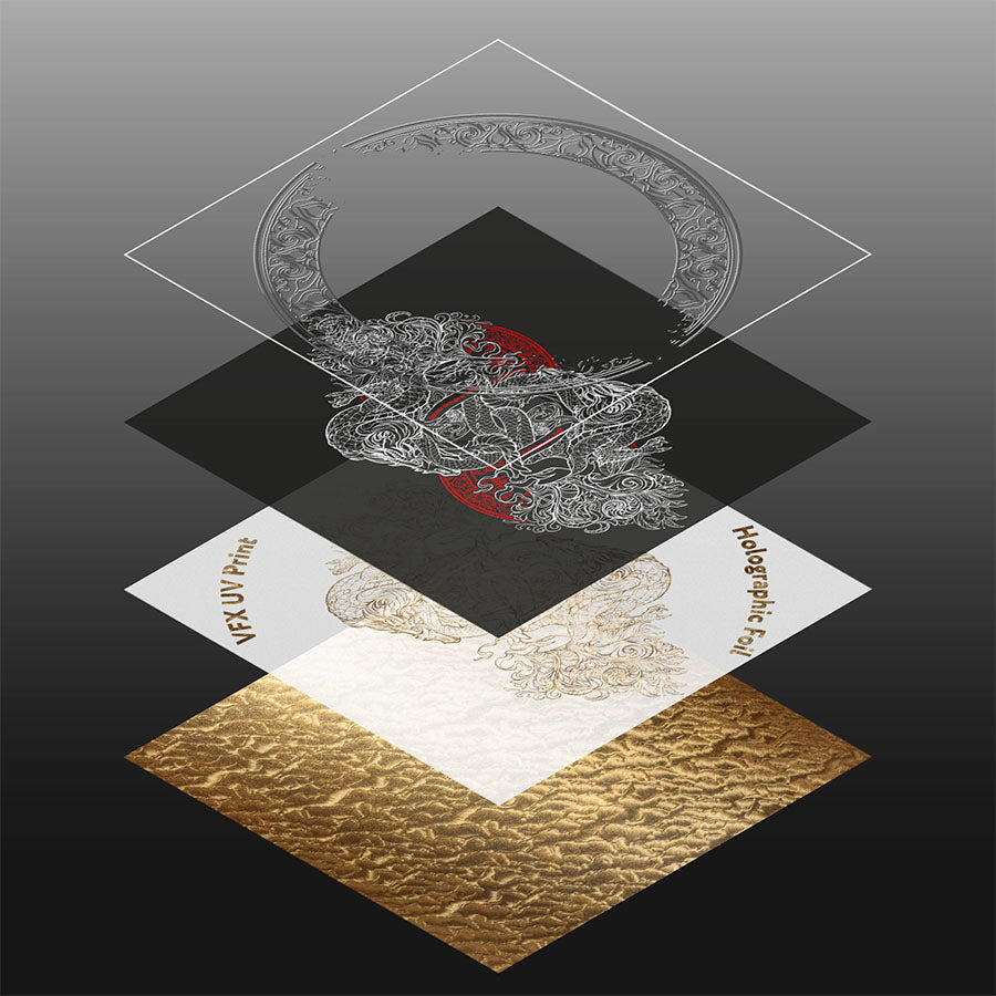 Holographic foil with detailed design and text on a black background