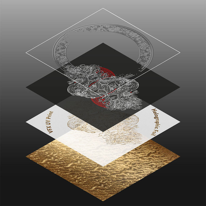 Holographic foil with detailed design and text on a black background