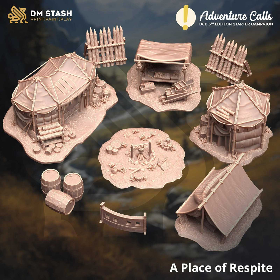 Fantasy themed 3D scale model of a rustic shelter with barrels and a bridge