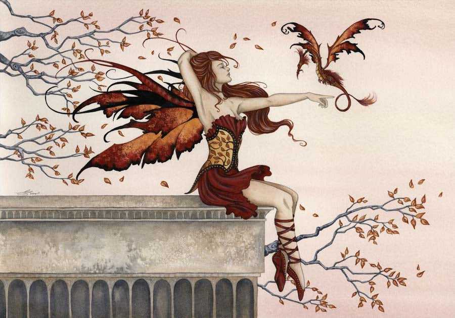 Fairy with dragonfly wings on balcony
