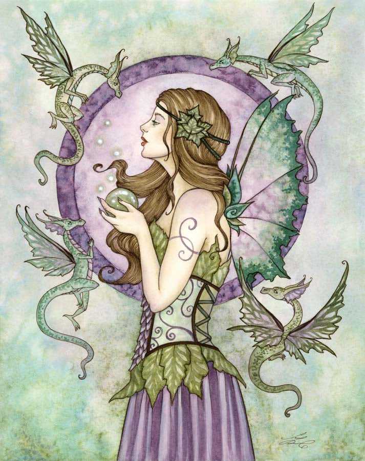 Fantasy fairy art print with dragons and mystical elements
