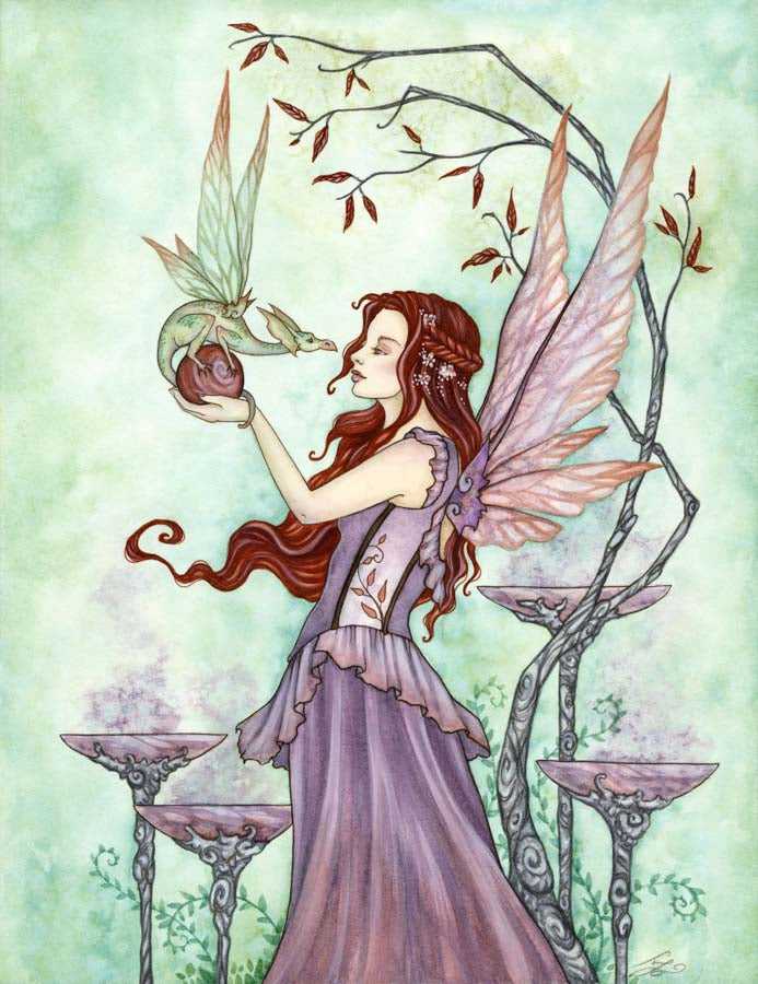 Fairy holding a dragonfly on a decorative stand print