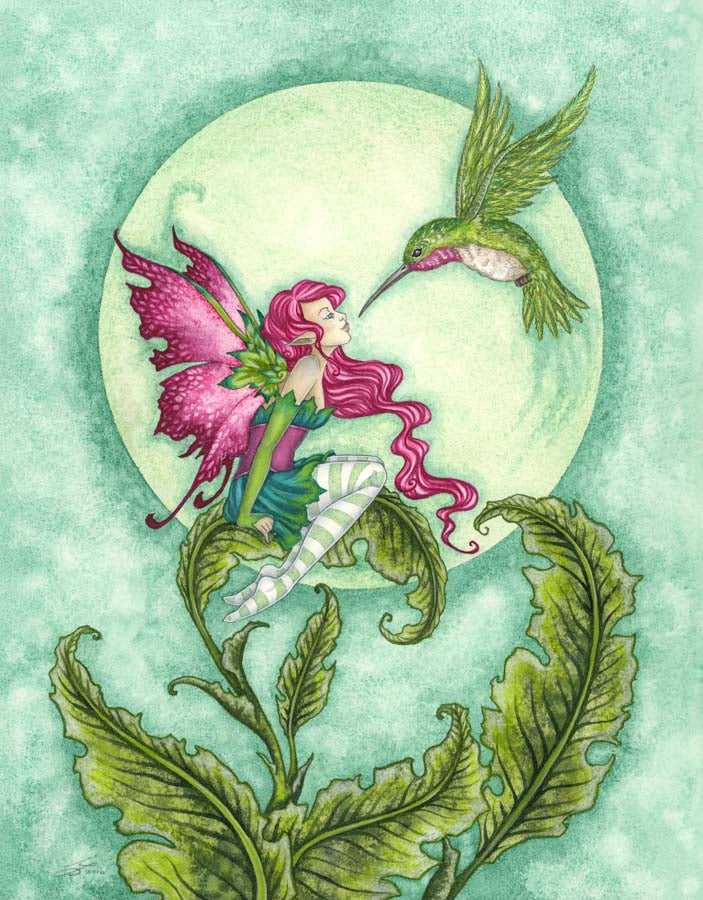 Fairy with pink wings and striped stockings sitting on a leafy plant with hummingbird under moonlight