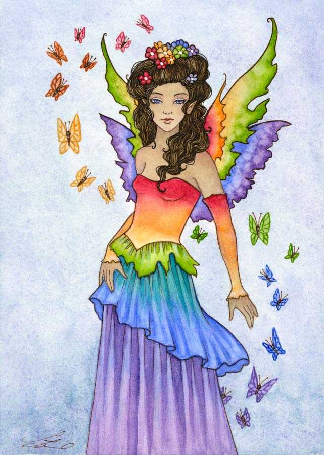 Fairy art print with colorful wings and butterflies