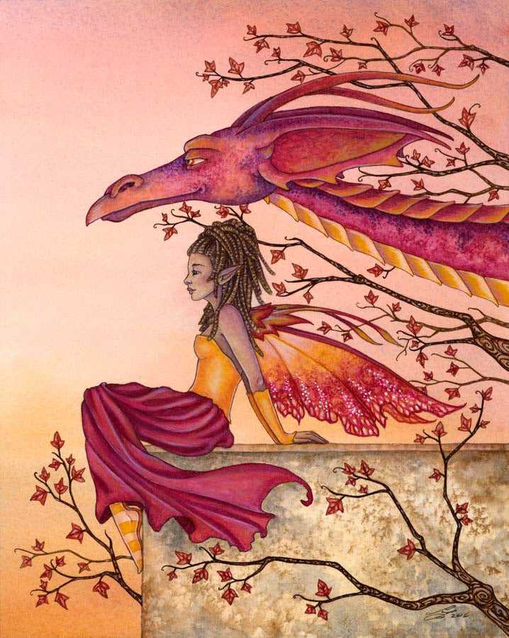 Fantasy art print of a girl with dragon wings and a large dragon head, surrounded by autumn leaves, in warm tones