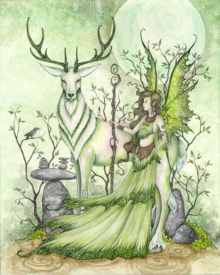 Fairy with butterfly wings and deer in forest print