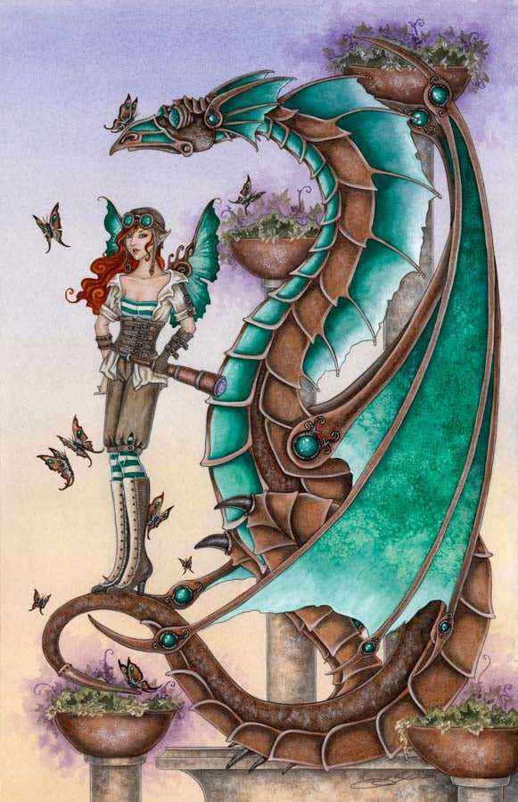 Steampunk dragon and fairy art print for home decor