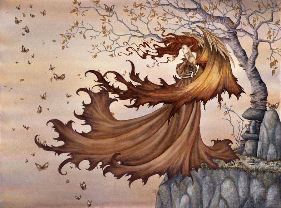 Autumn fairy with flowing brown dress and wings on rocky cliffside with butterflies
