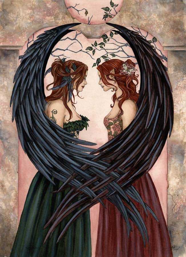 Fantasy art print of two elf women with dark wings, facing each other, surrounded by branches, in a mystical home decor setting
