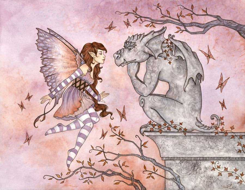 Fairy and dragon statue print on pink background