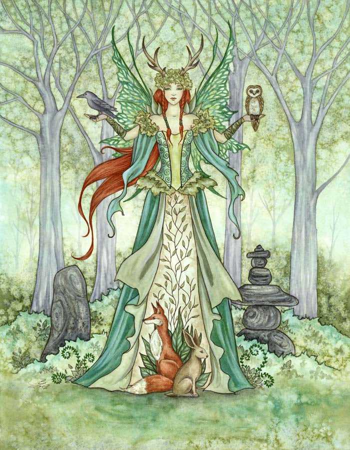 Fairy with antlers and animals in forest print