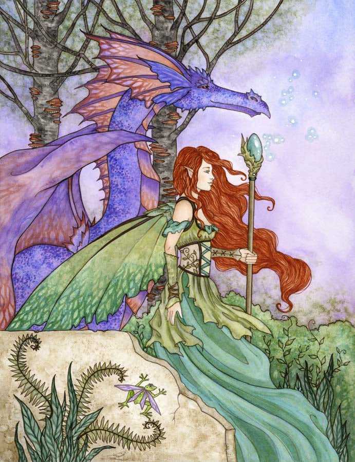 Fantasy art print of a red-haired sorceress with a dragon in a mystical forest setting