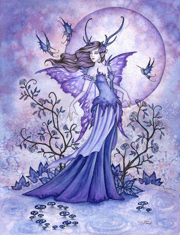 Fairy with butterfly wings and antlers in a mystical night garden