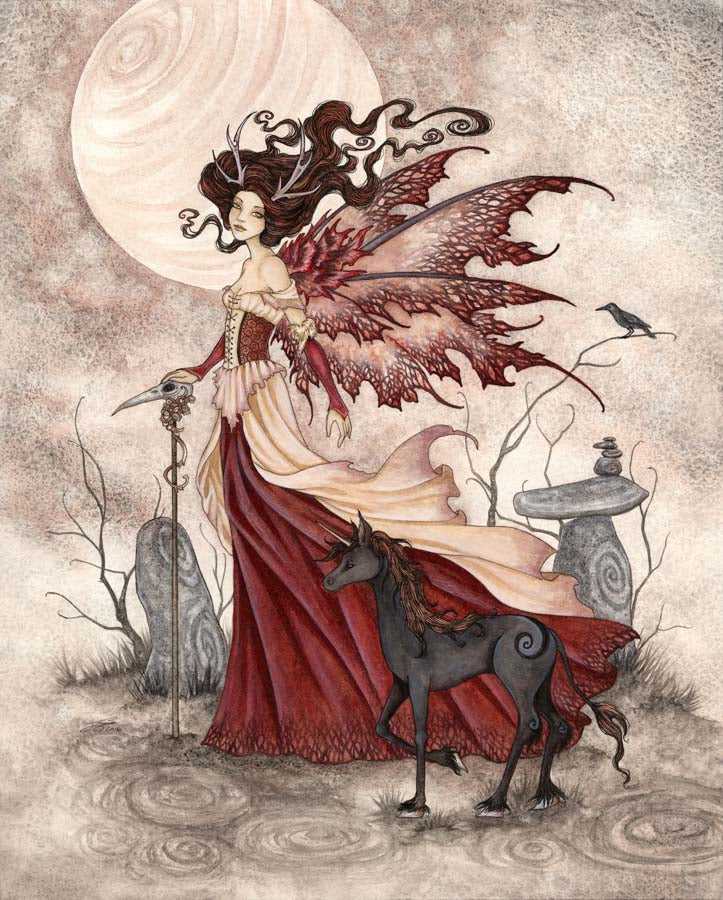 Fantasy fairy with wings, moon, and horse print