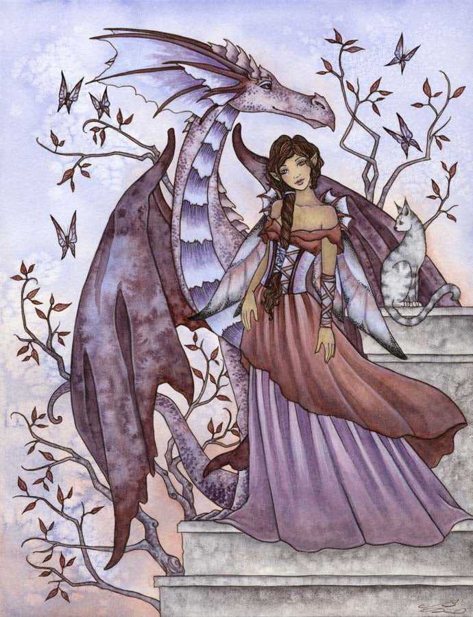 Fantasy art print of a woman with a dragon and a cat, whimsical illustration for home decor