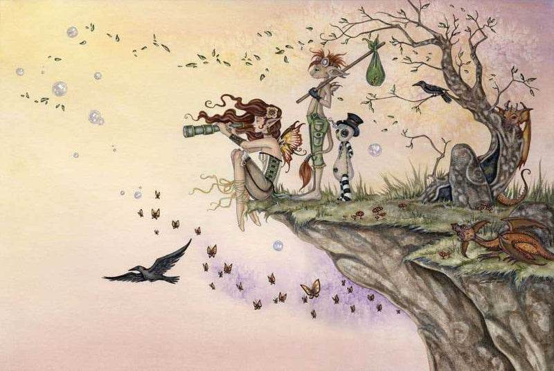 Fantasy art print with fairies, butterflies, and animals on a cliffside