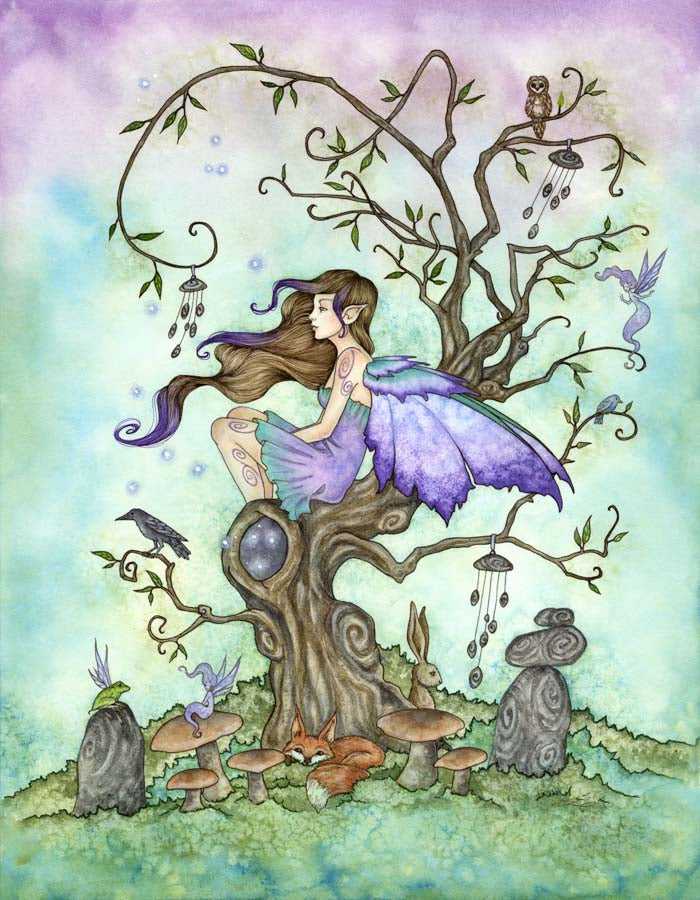 Fairy art print with tree, owls, rabbits, and mushrooms