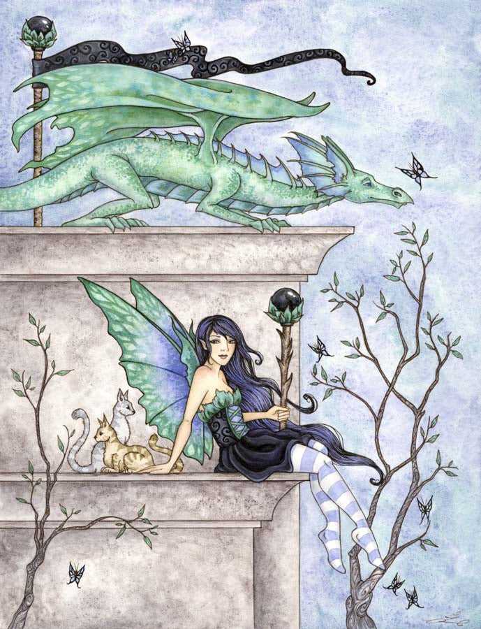 Fantasy dragon and fairy print artwork