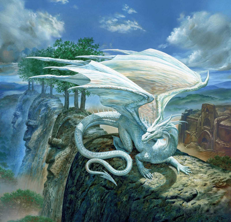 Open Edition Art Print of a white dragon resting on a rocky cliff with trees and mountains in the background