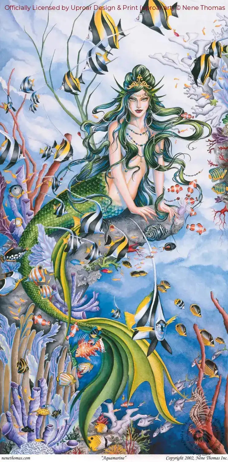 Aquamarine mermaid art print with colorful fish and coral