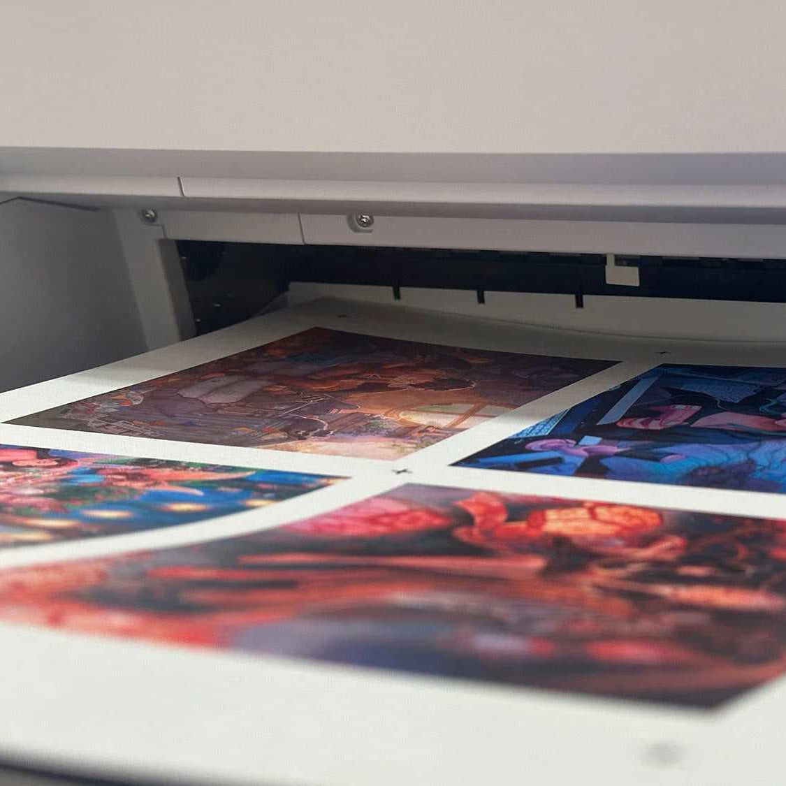 High-quality art prints with vibrant colors, printed on glossy paper, showcasing detailed artwork for artist alley and furry convention displays