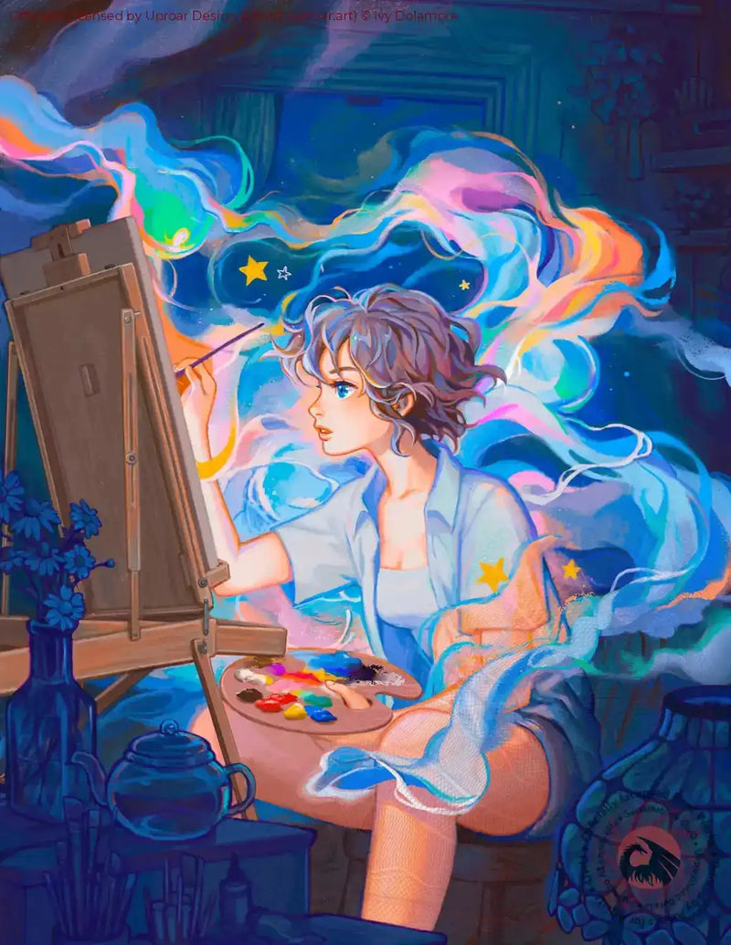 Colorful art print of a girl painting with swirling cosmic background, vibrant hues, and stars, in home decor style