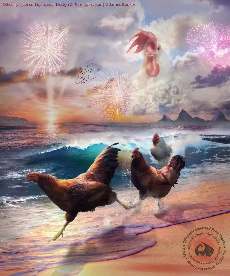 Whimsical beach scene with chickens, fireworks, and a giant chicken head in the sky