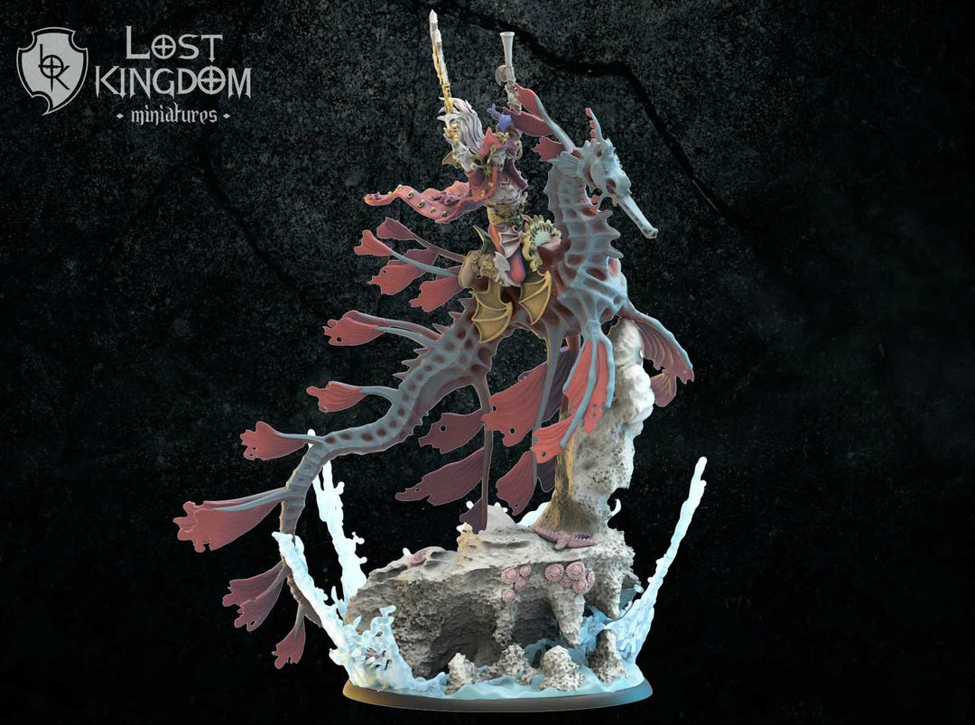 Fantasy dragon scale model with rider on rocky base