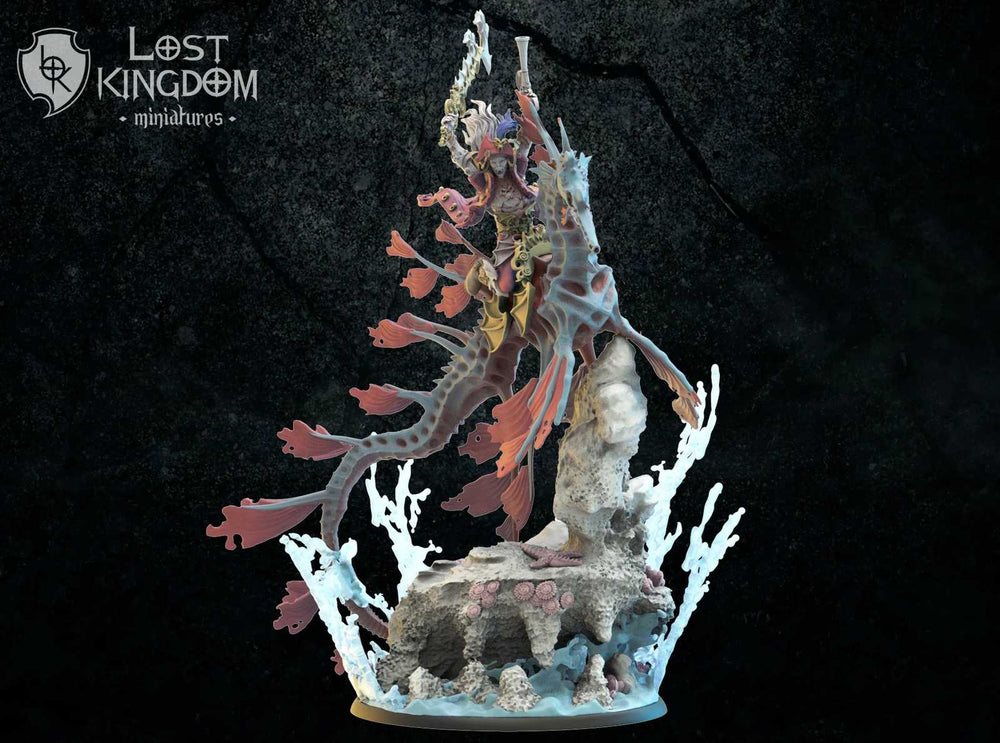 Colorful fantasy dragon miniature with rider for tabletop gaming