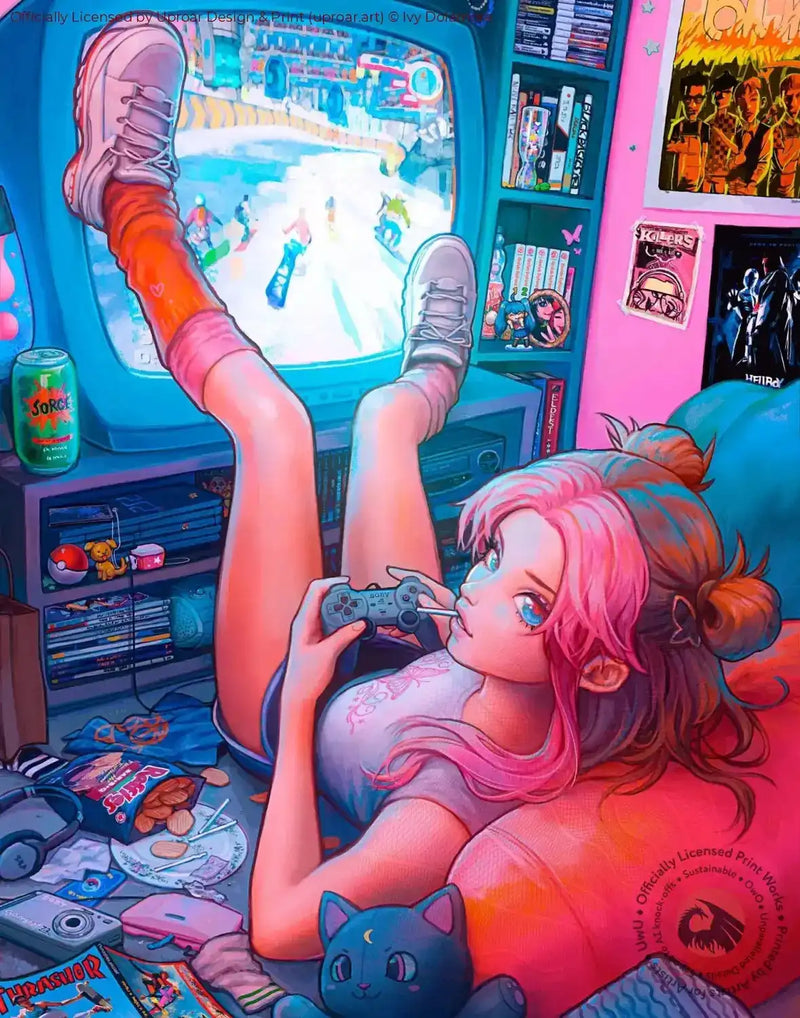 Pink-haired girl gaming poster print