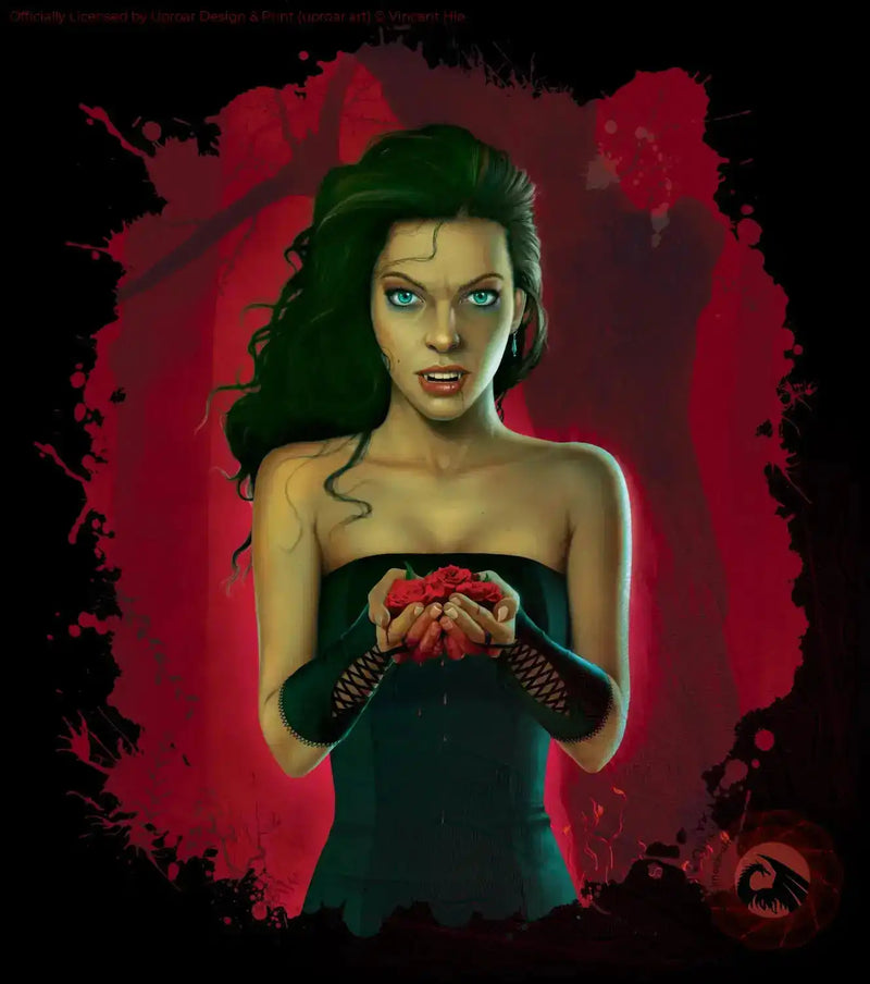 Dark fantasy art print of a woman with blue eyes holding red roses, with a red and black splattered background