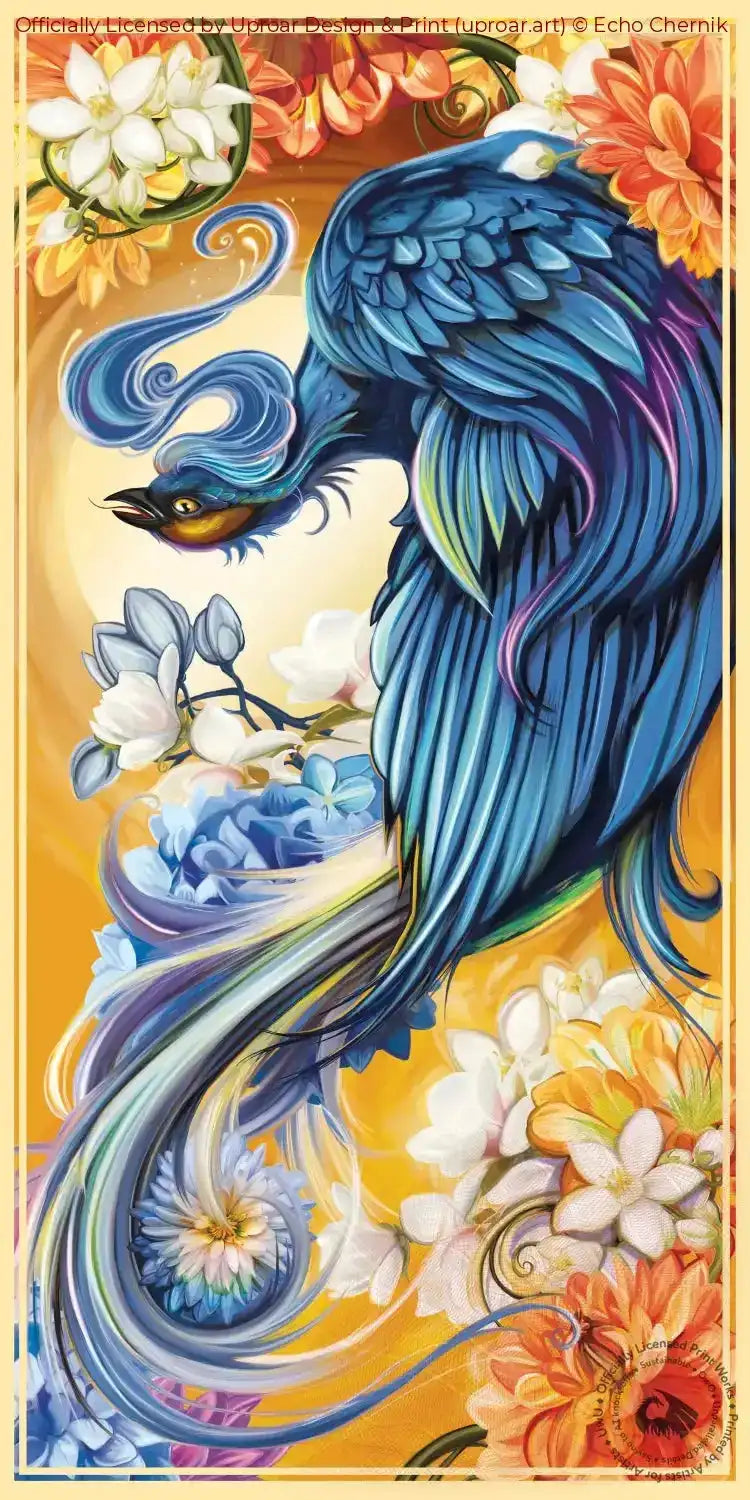 Blue Phoenix art print with vibrant feathers and floral background