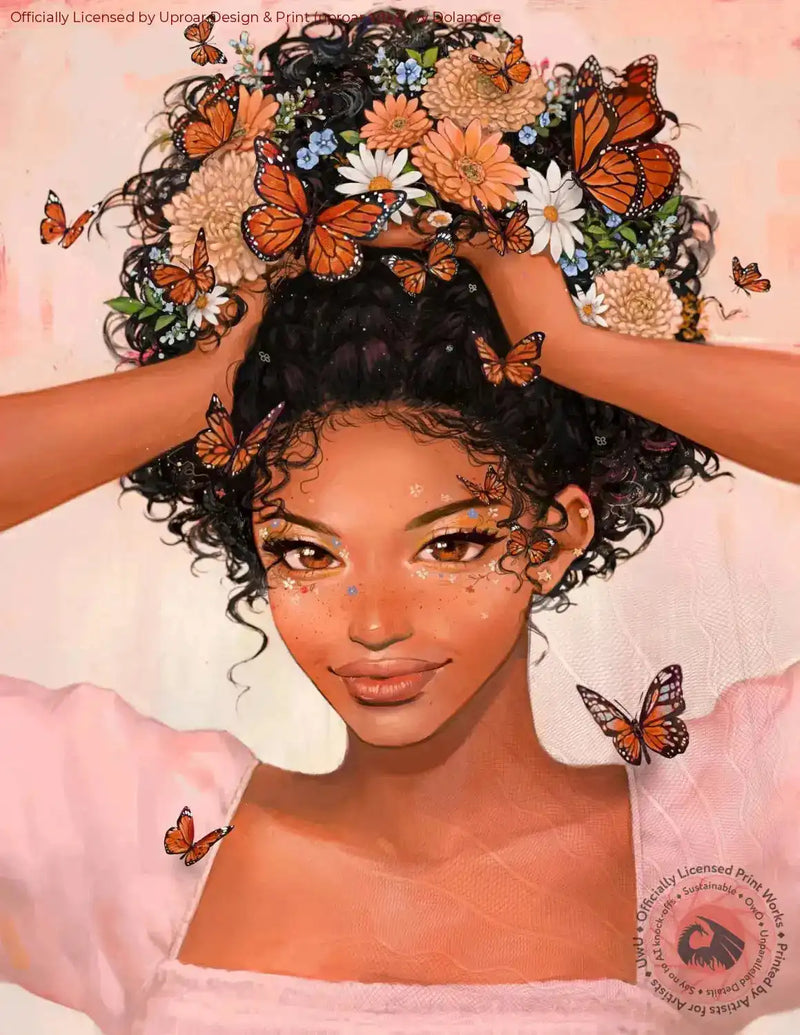 Art print of woman with floral crown and butterflies