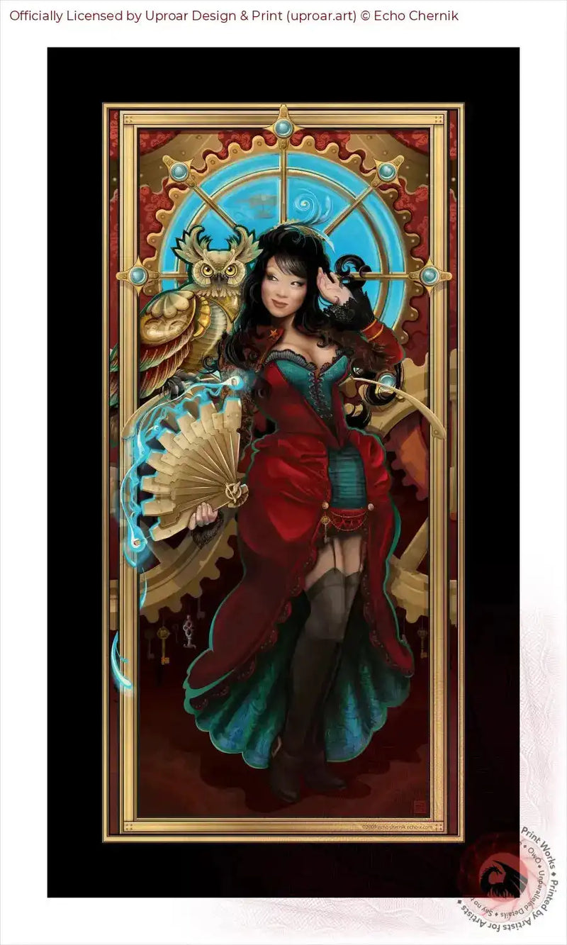 Open edition art print featuring a woman in a red and teal costume with an owl and clock background