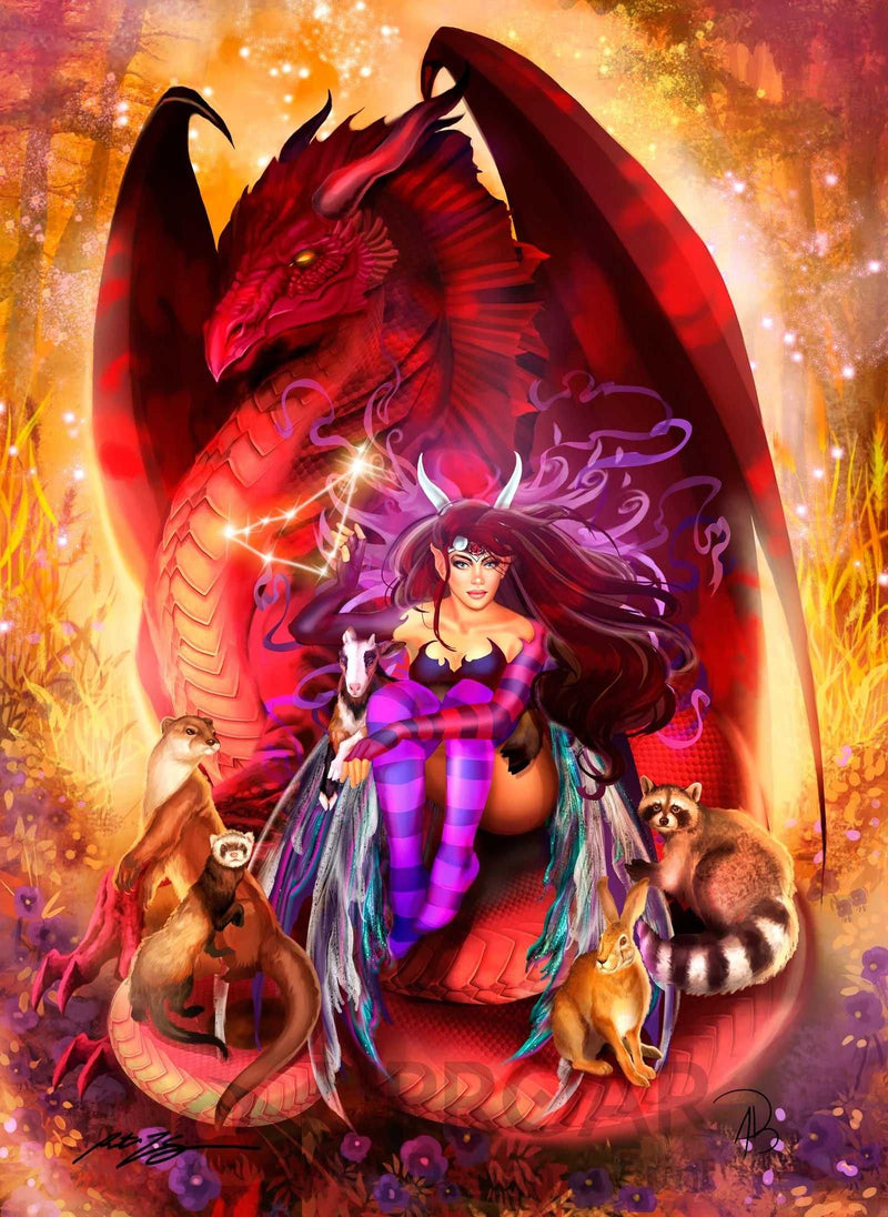 Fantasy dragon and woman art print with animals in vibrant colors