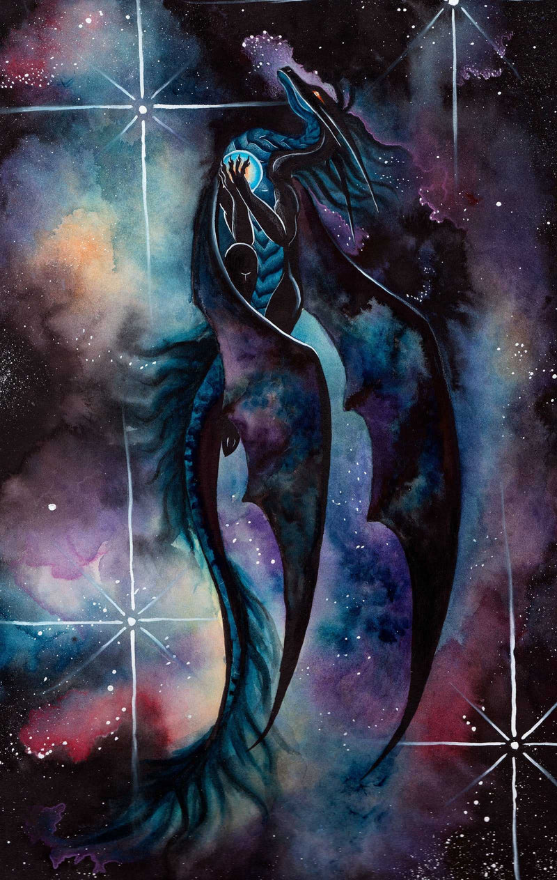 Dark dragon in cosmic space with stars and nebulae, fantasy artwork for home decor