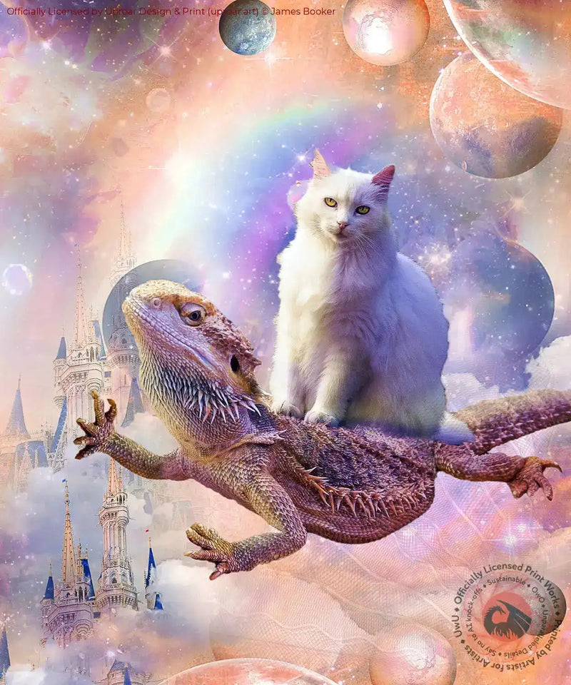Cat riding bearded dragon fantasy art print