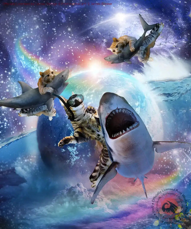 Colorful space scene with cats riding sharks and dolphins, fantasy artwork for home decor prints
