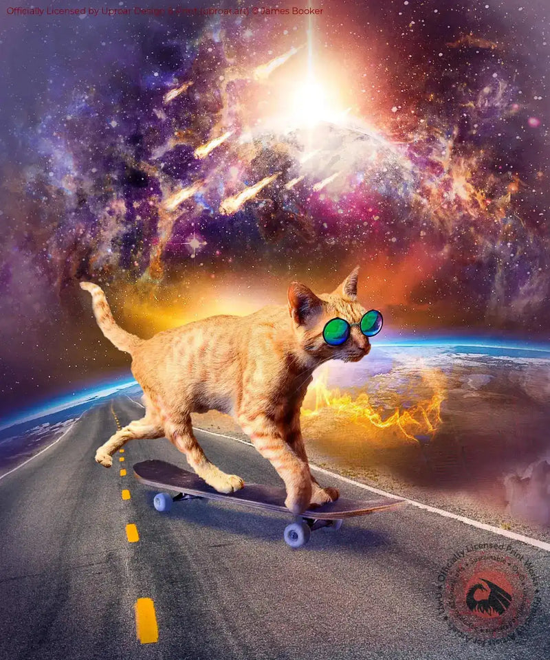 Space-themed art print with a cat wearing sunglasses skateboarding on a road in space