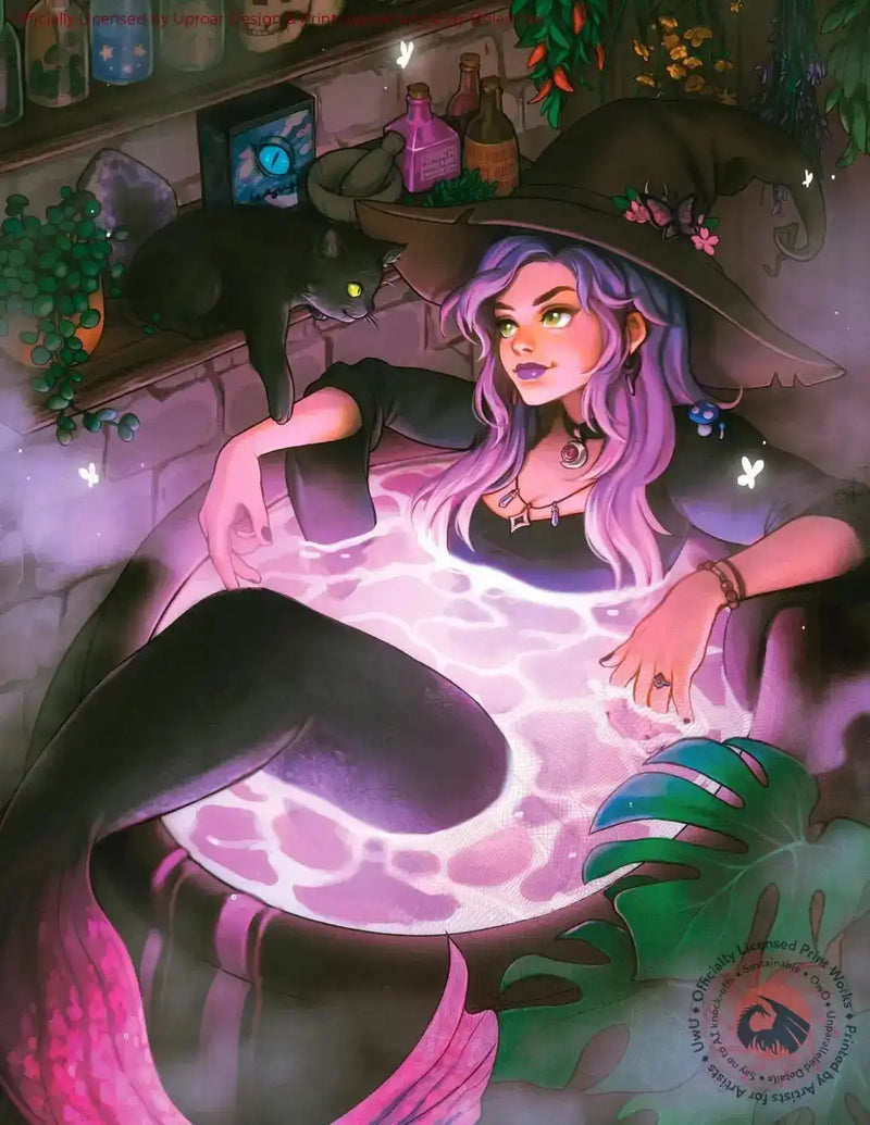 Fantasy witch with purple hair and black cat in potion cauldron print