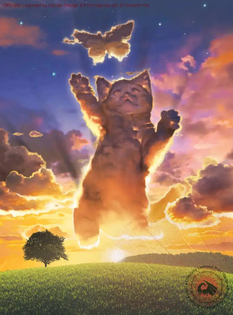 Whimsical cloud kitten with butterfly sunset print
