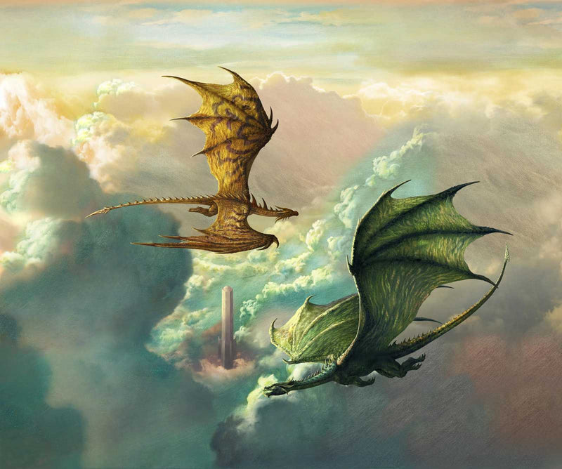 Fantasy dragon art print with clouds and sky background