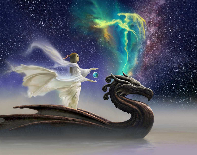 Fantasy art of a woman in white robes riding a dragon with a cosmic nebula background