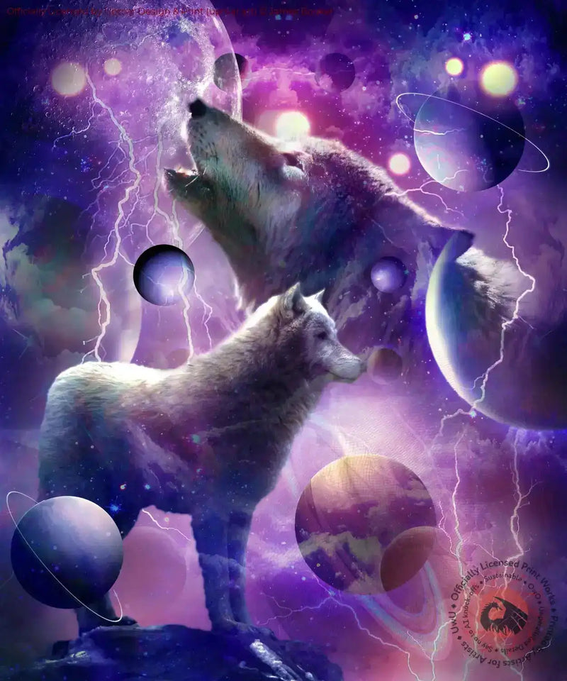 Cosmic Wolves art print with space and planetary background
